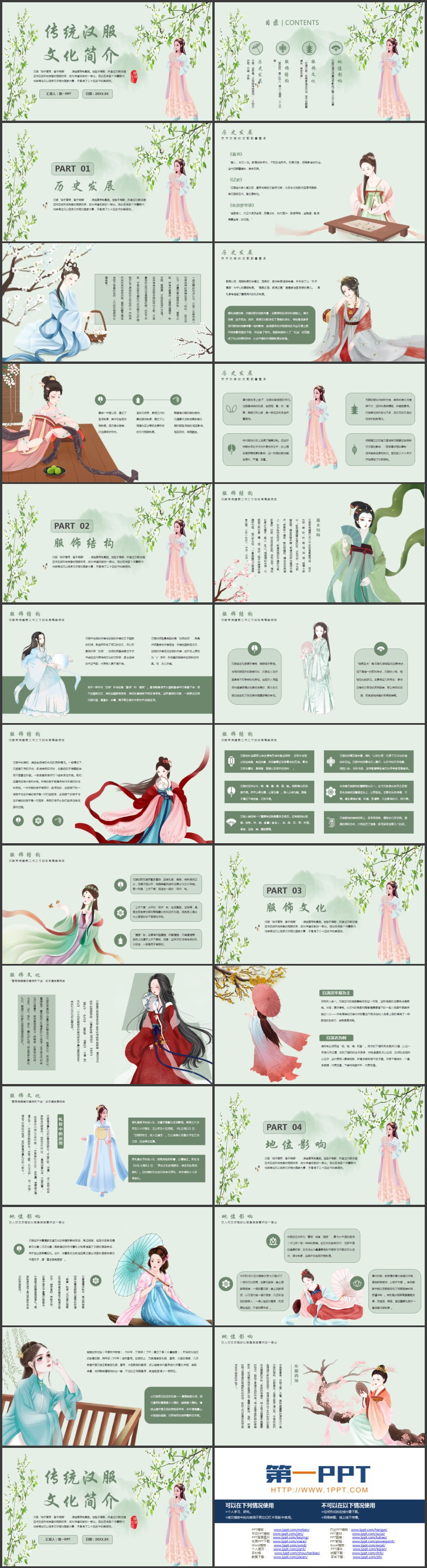 绿色古典女孩背景的传统汉服文化简介PPT模板