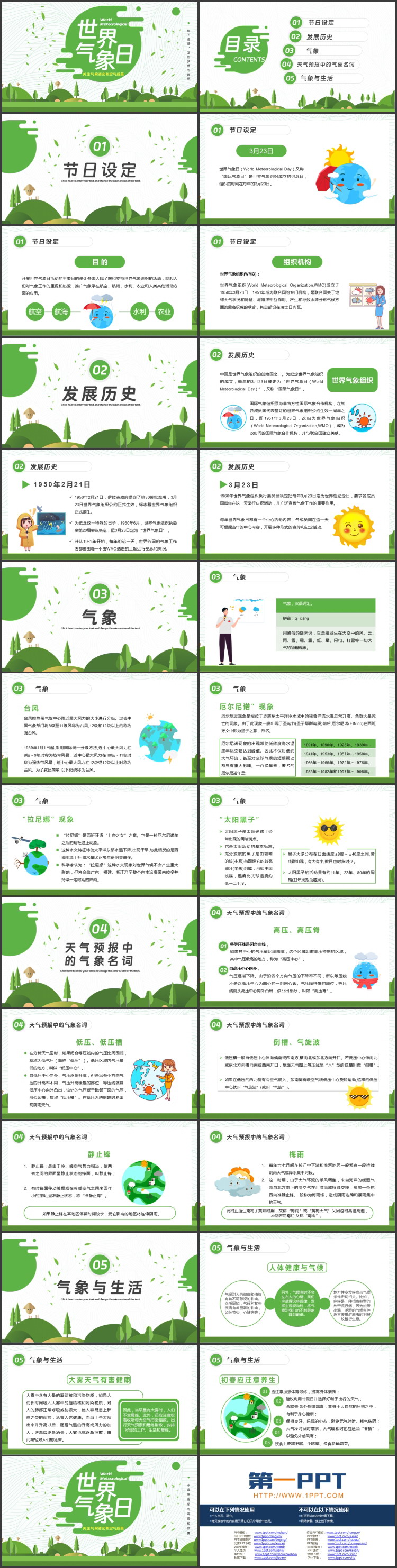 绿色清新卡通风格的世界气象日宣传介绍PPT模板