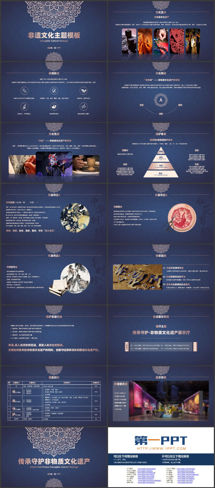 蓝色古典花纹背景的非遗文化主题PPT模板
