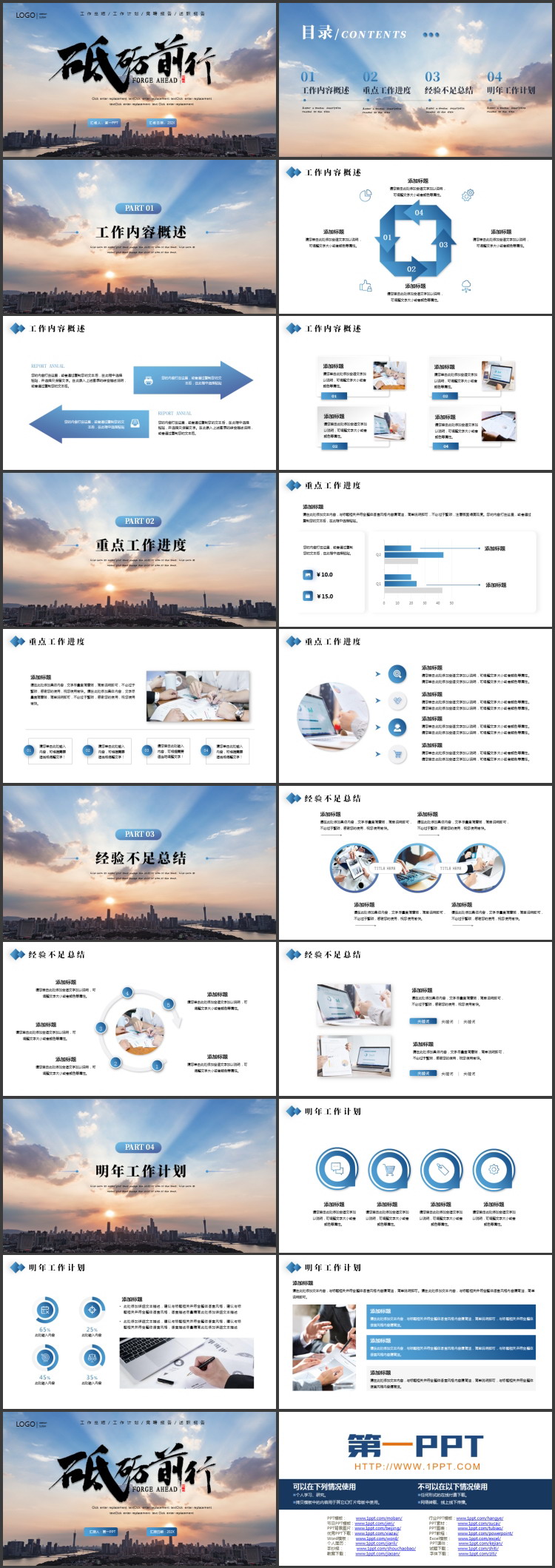 城市建筑背景的“砥砺前行”工作总结述职报告PPT模板下载