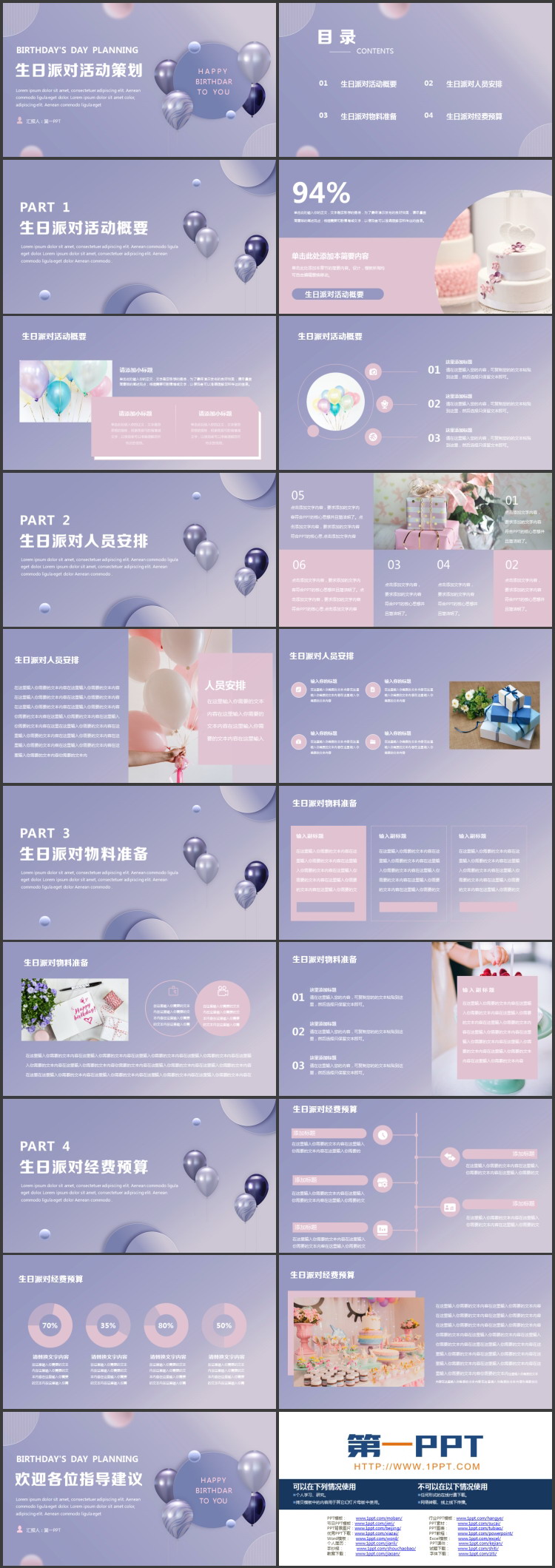 蓝色时尚气球背景的生日派对活动策划PPT模板