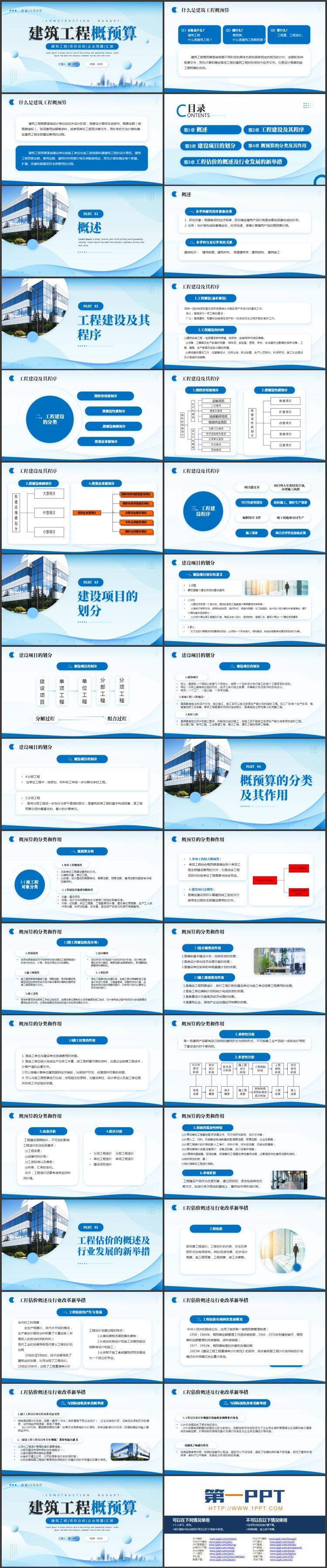 蓝色城市剪影背景的“建筑工程概预算”项目总结汇报PPT模板下载
