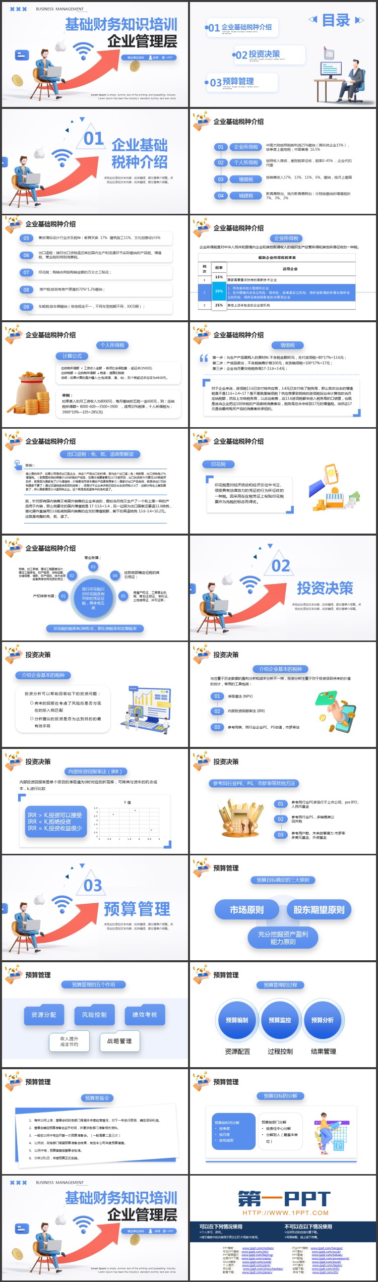蓝色立体卡通商务人士背景的企业管理层基础财务知识培训PPT模板下载