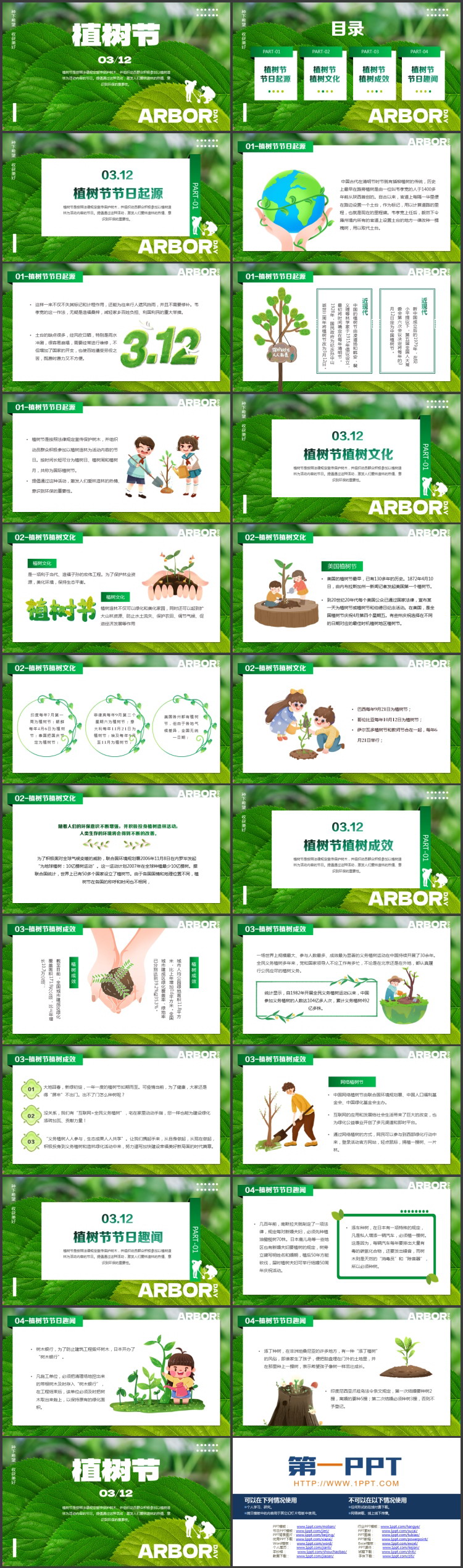 绿色清新树叶背景的植树节节日介绍PPT模板