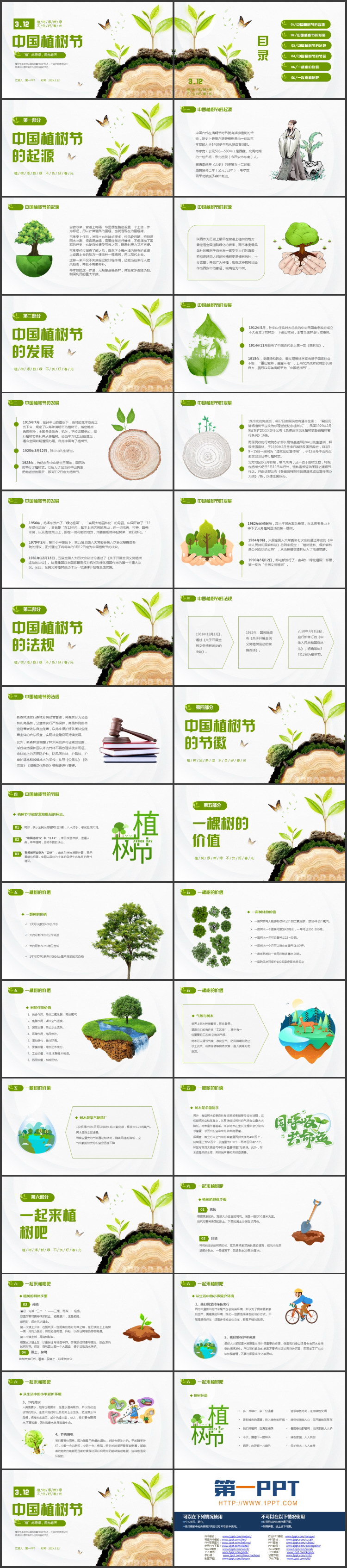 绿色大树树桩背景的中国植树节节日介绍PPT模板