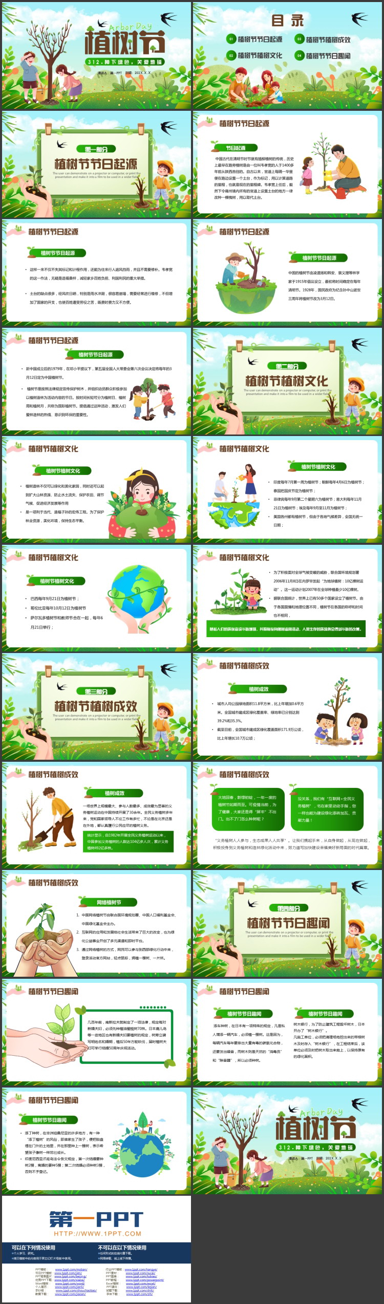 绿色清新卡通小朋友背景的植树节节日介绍PPT模板