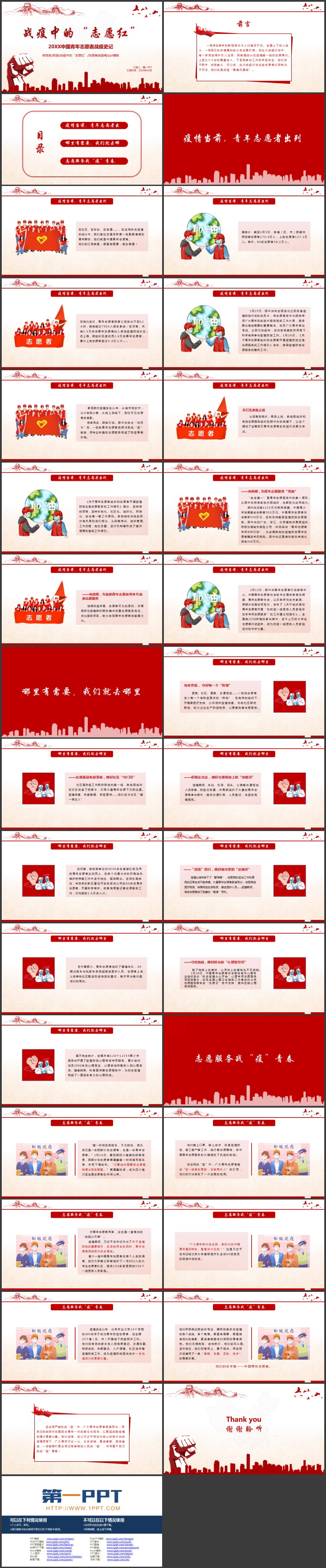 红色“战疫中的志愿红”中国青年志愿者战疫史记PPT模板下载