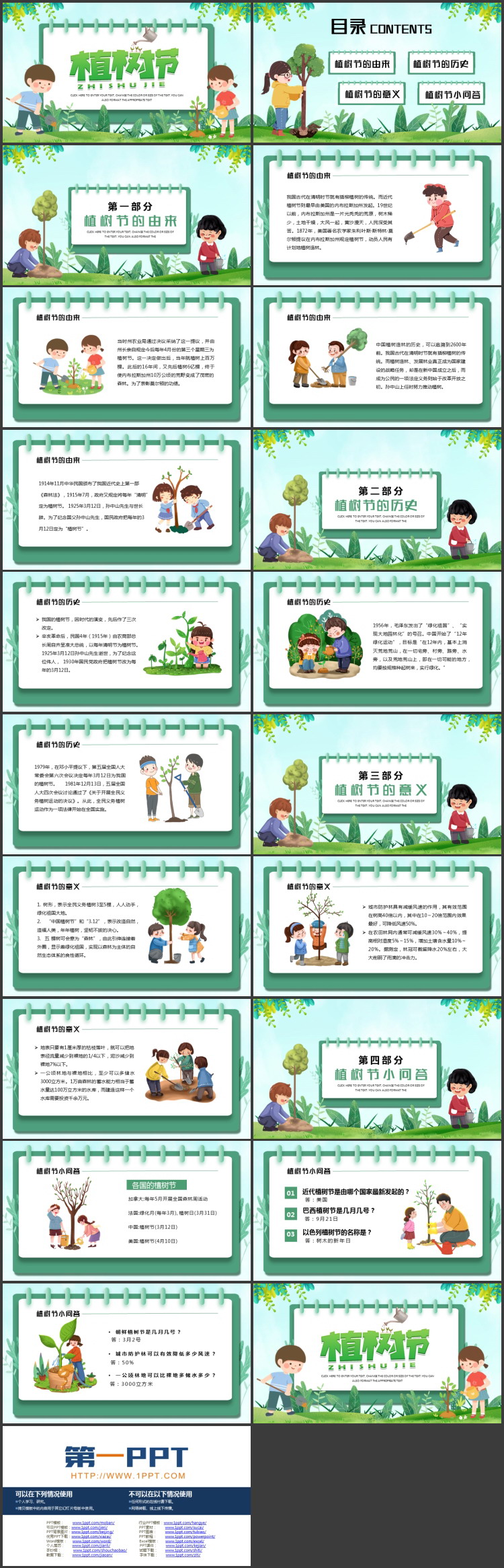 绿色清新卡通植树的小朋友背景的植树节节日介绍PPT模板