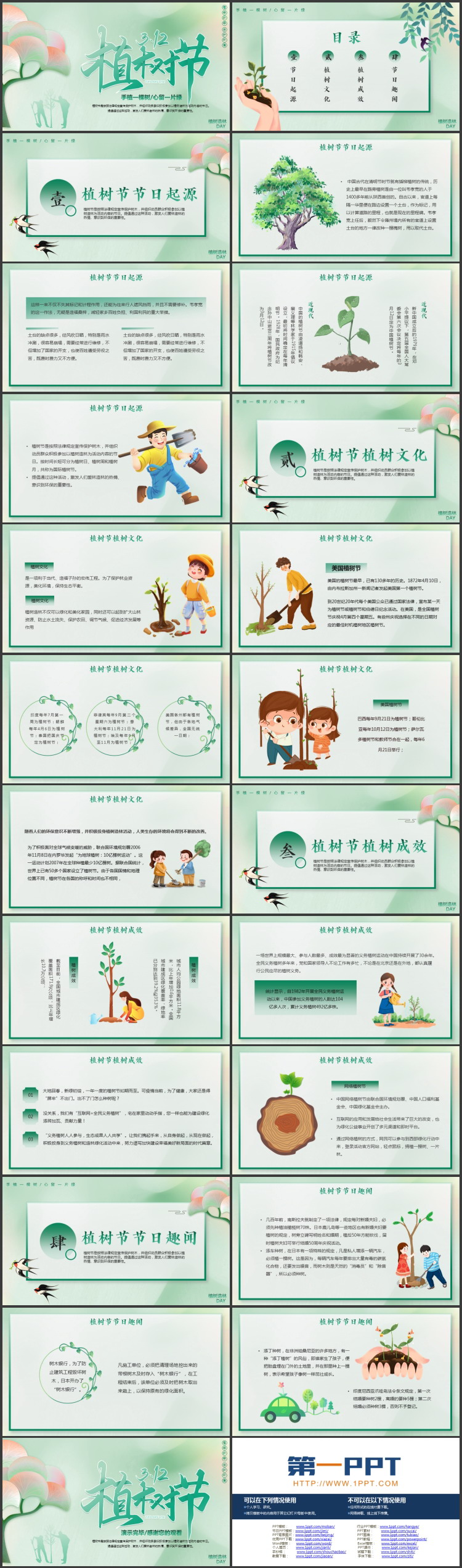 绿色卡通大树人物剪影背景的植树节节日介绍PPT模板