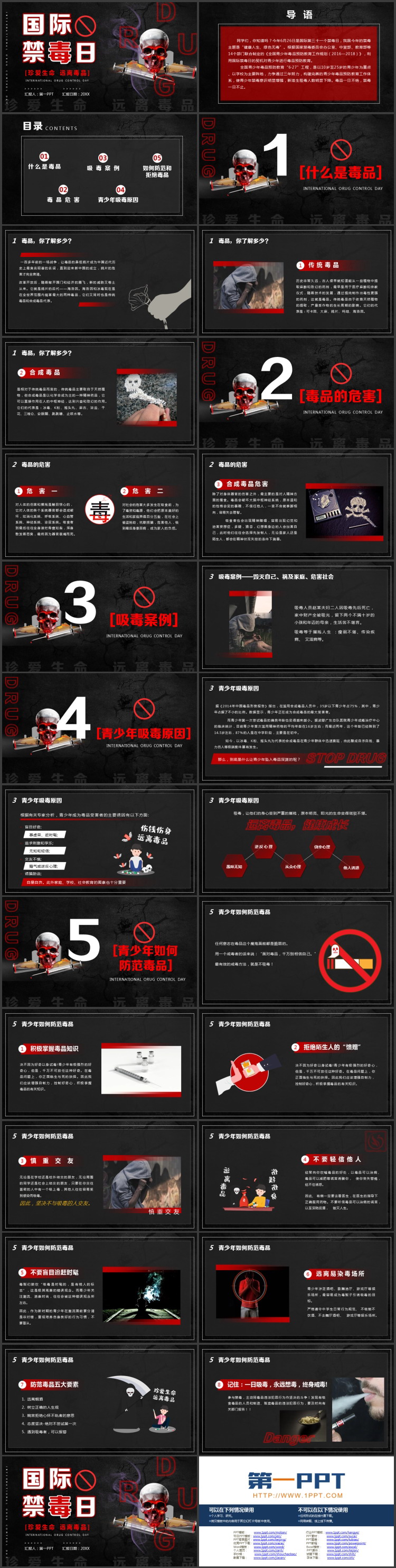黑色骷髅背景的国际禁毒日禁毒教育PPT模板下载