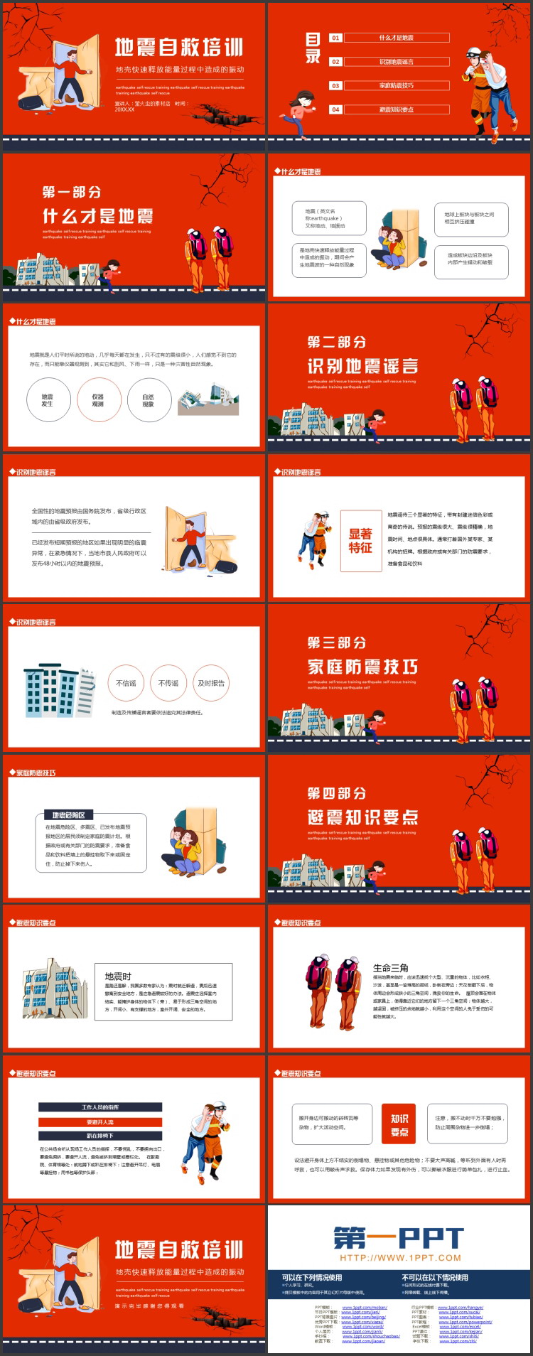 红蓝配色卡通风格的地震自救培训PPT模板下载