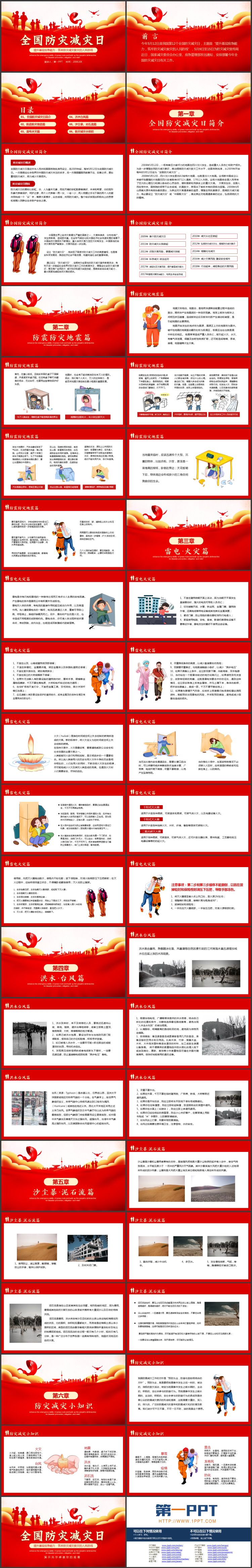 红色人物剪影背景的全国防灾减灾日安全教育PPT模板下载