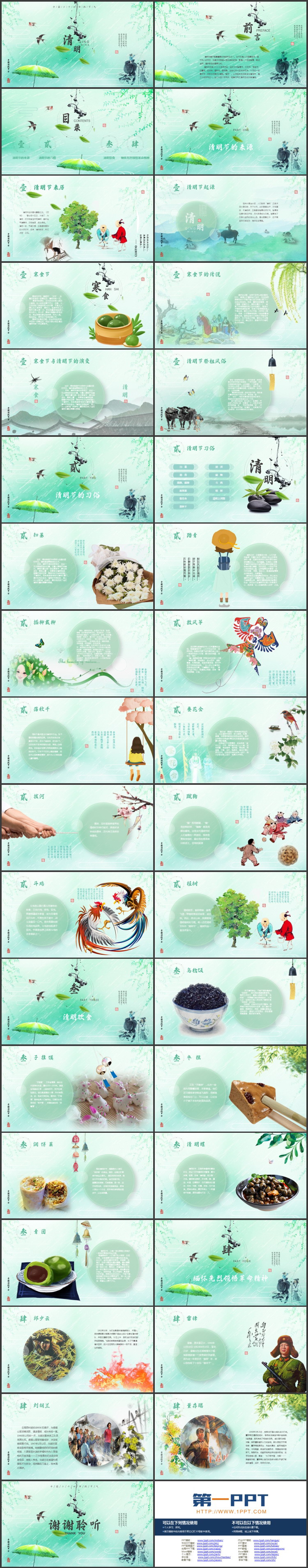 绿色清新中国风背景的清明节节日介绍PPT模板