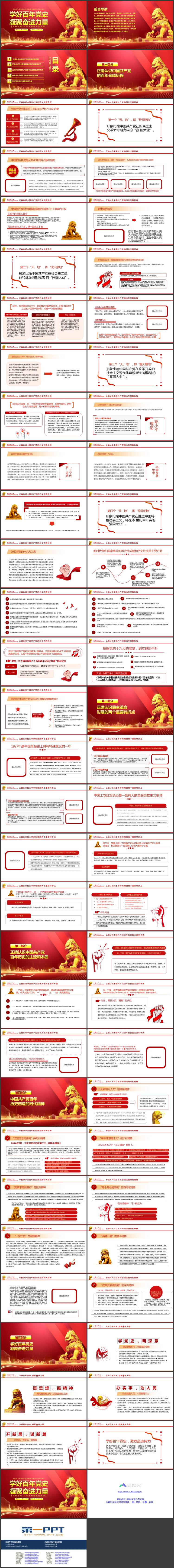 红色大气石狮子背景的“学好百年党史凝聚奋进力量”建党节党史党课教育PPT模板