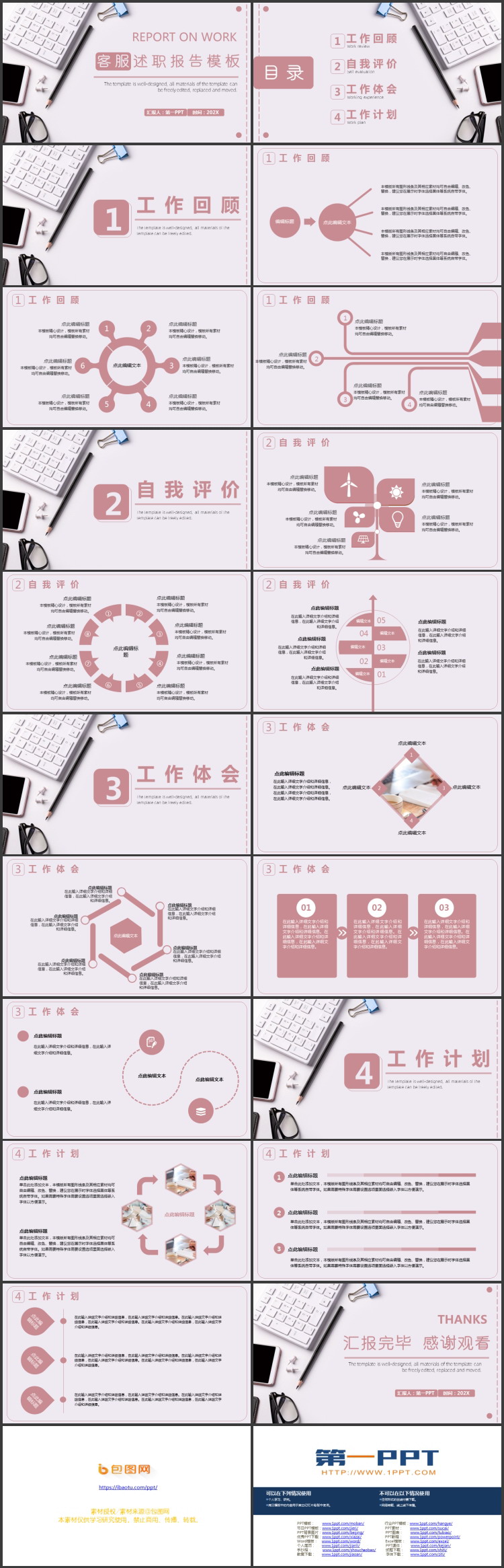 粉色电脑键盘背景的客服述职报告PPT模板下载