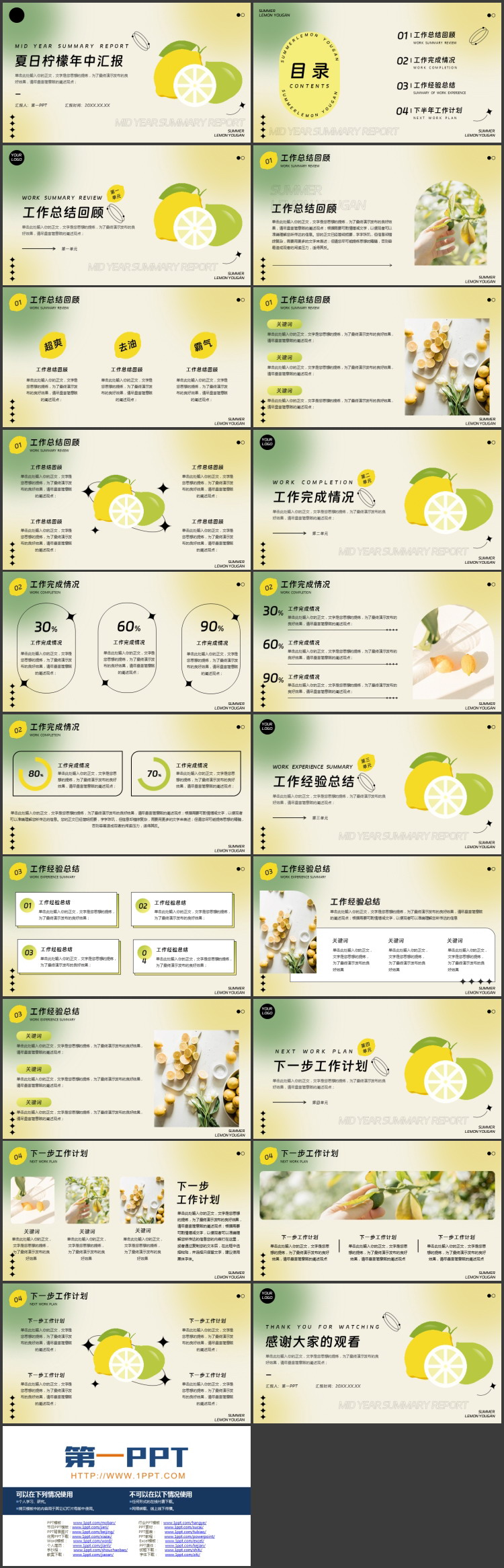 黄绿配色弥散渐变背景的夏日柠檬年中汇报PPT模板下载