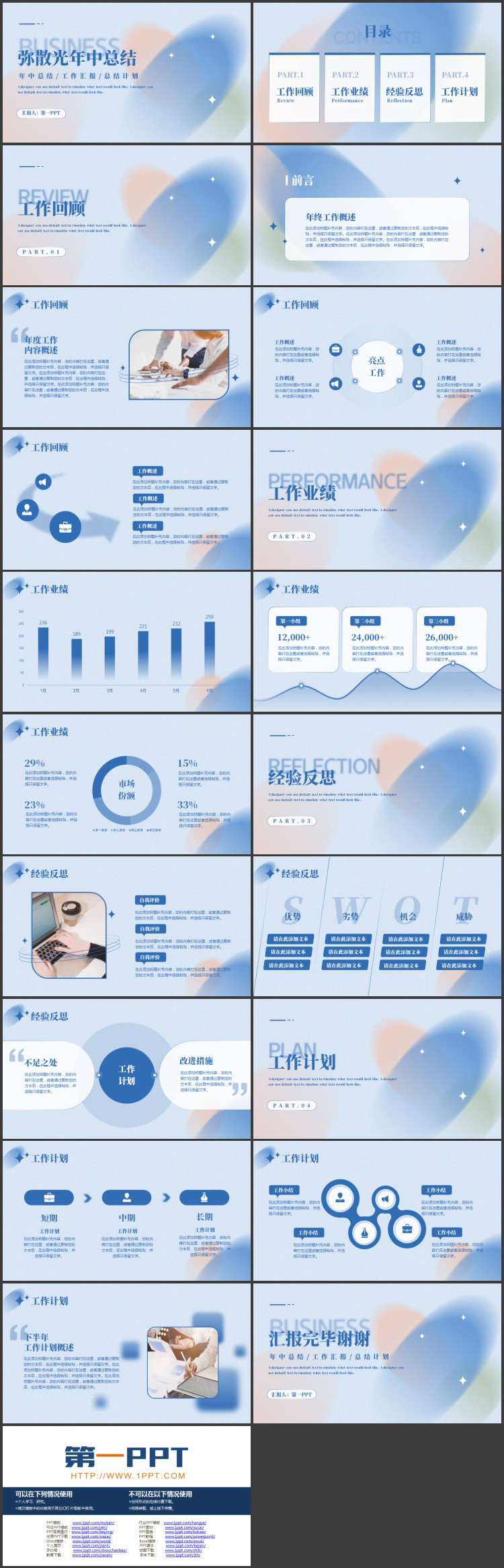 蓝色弥散渐变背景的弥散光年中总结PPT模板下载