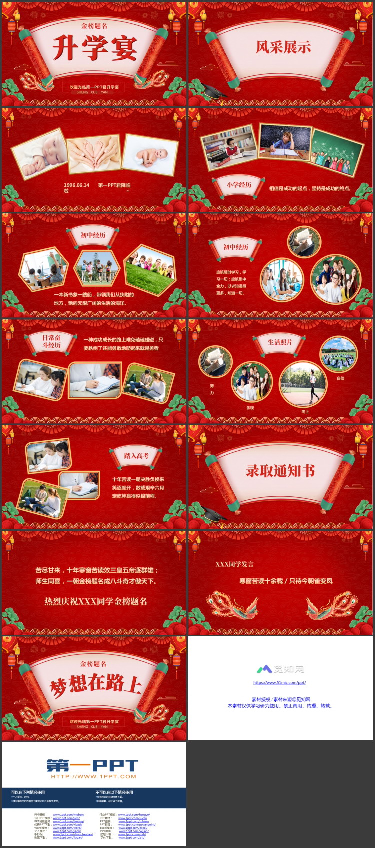 红色喜庆卷轴背景的升学宴PPT模板下载