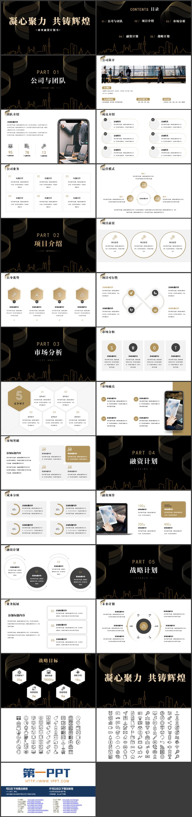 黑色城市剪影背景的“凝心聚力共铸辉煌”商务融资计划书PPT模板下载