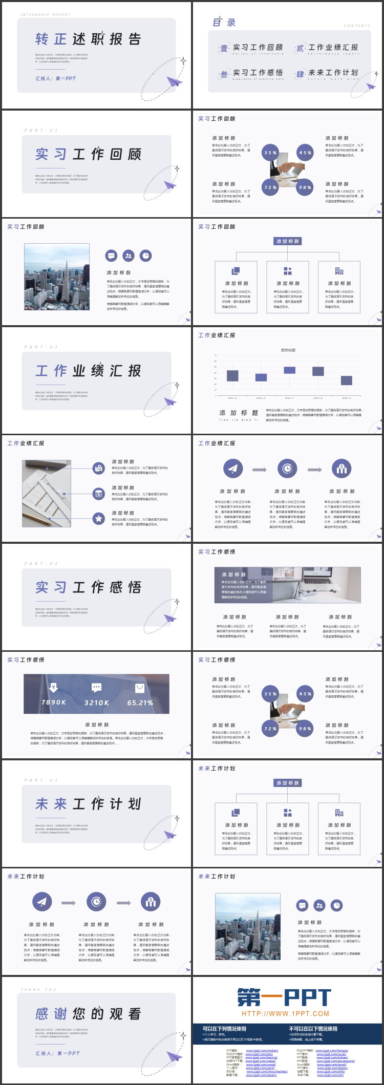 蓝色纸飞机背景的简约风转正述职报告PPT模板下载