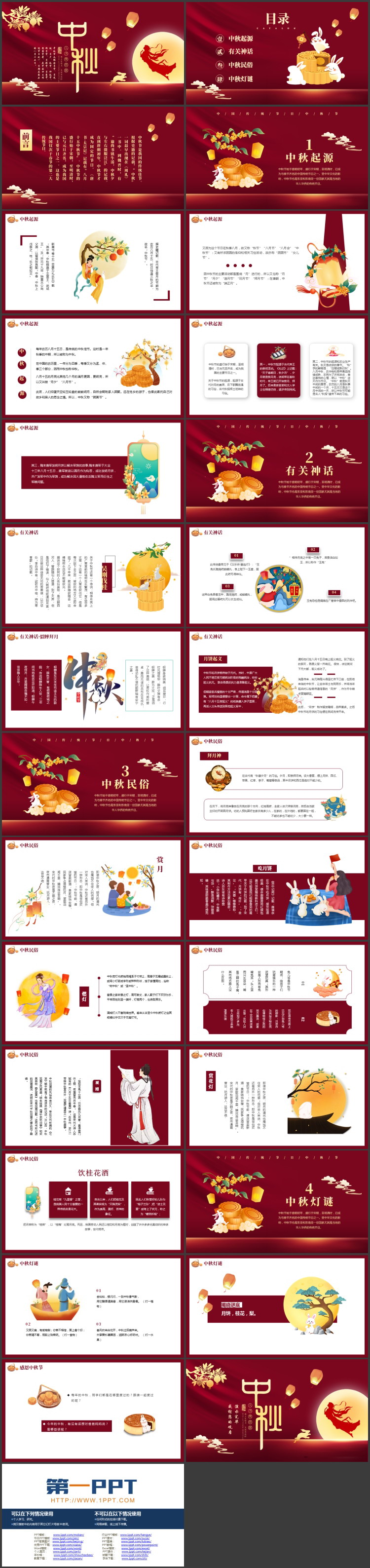 红色古典嫦娥圆月背景的中秋节节日介绍PPT模板
