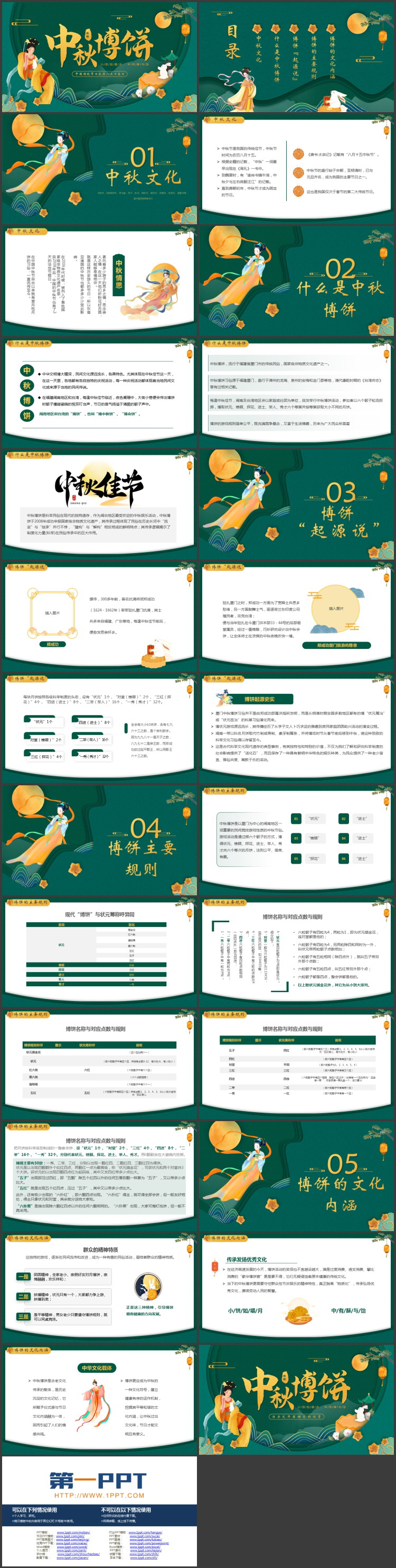 绿色古典群山嫦娥背景的“中秋博饼”中秋文化介绍PPT模板