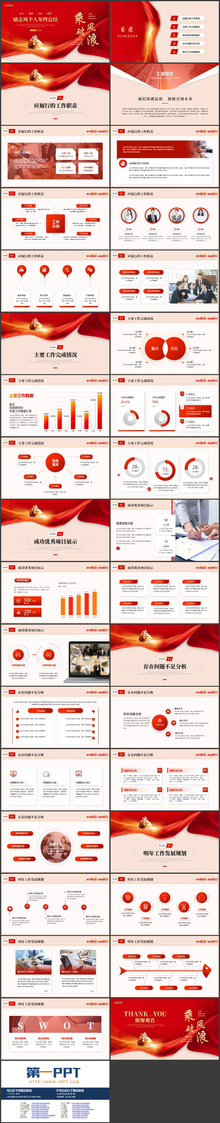 红色帆船背景的“乘风破浪”励志风个人年终总结PPT模板下载