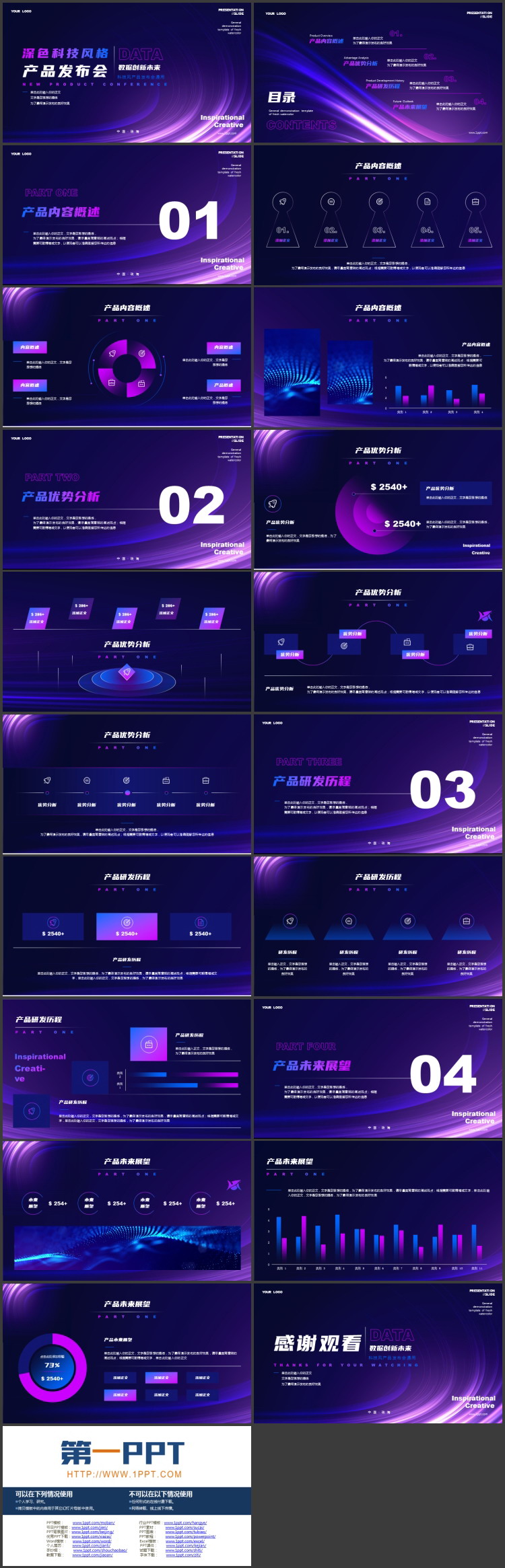 蓝紫发光曲线背景的科技风产品发布会PPT模板