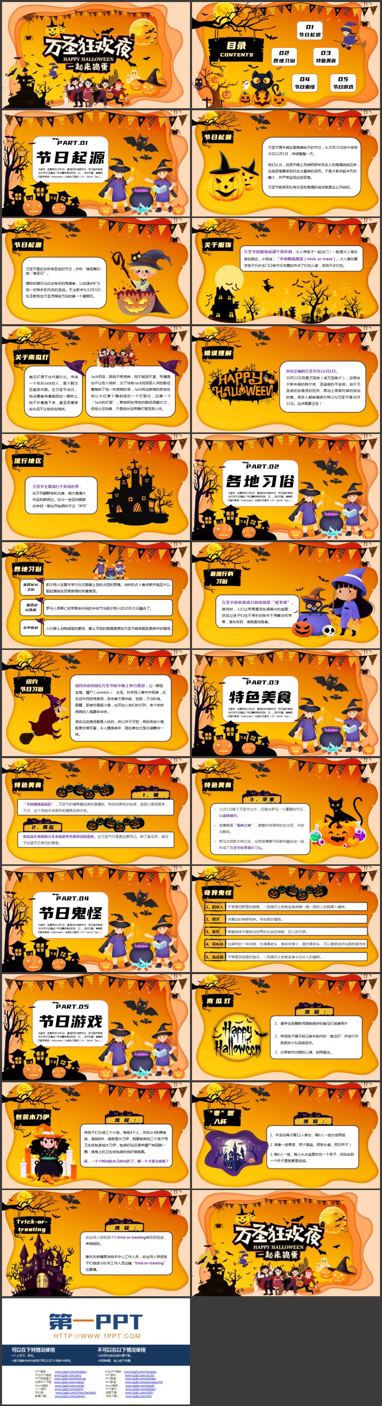 橙色卡通城堡南瓜灯背景的“万圣狂欢夜”万圣节介绍PPT模板