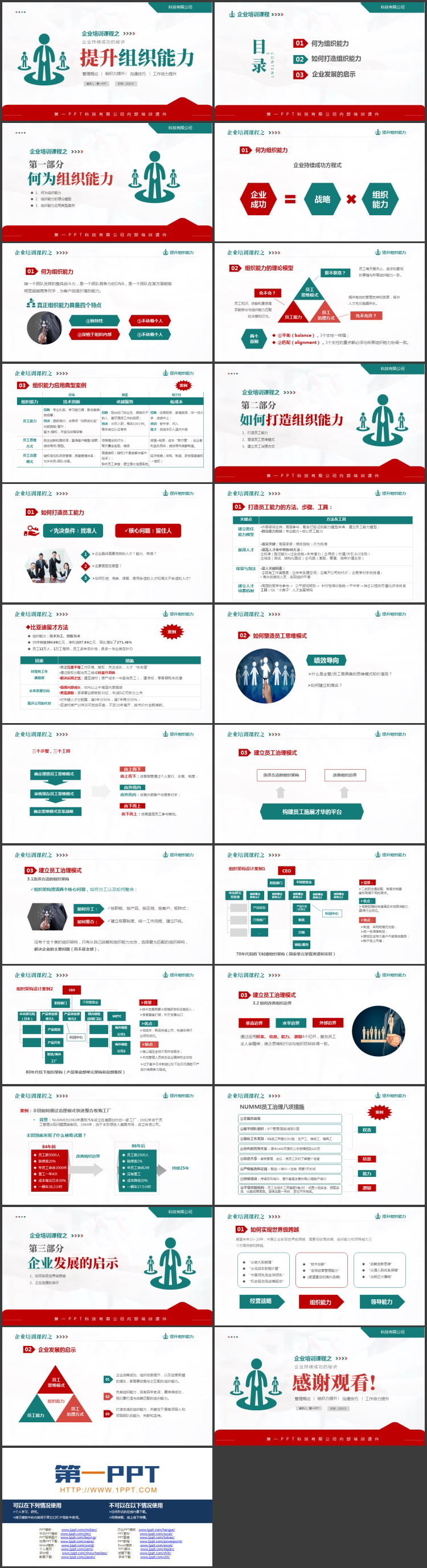 青红配色矢量风格的“提升组织能力”企业培训课程PPT模板下载