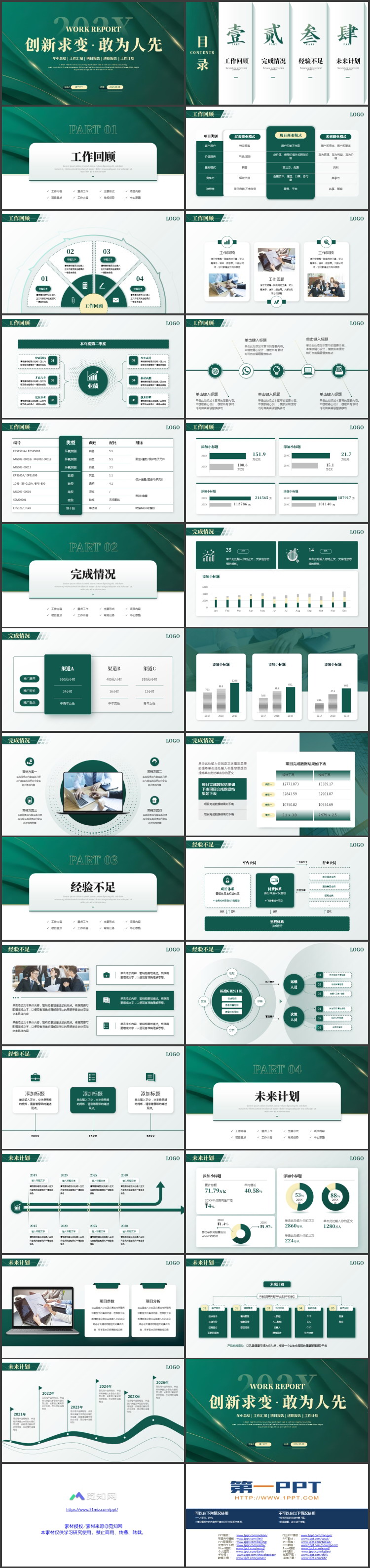 绿金曲线背景的“创新求变敢为人先”年中总结汇报PPT模板下载