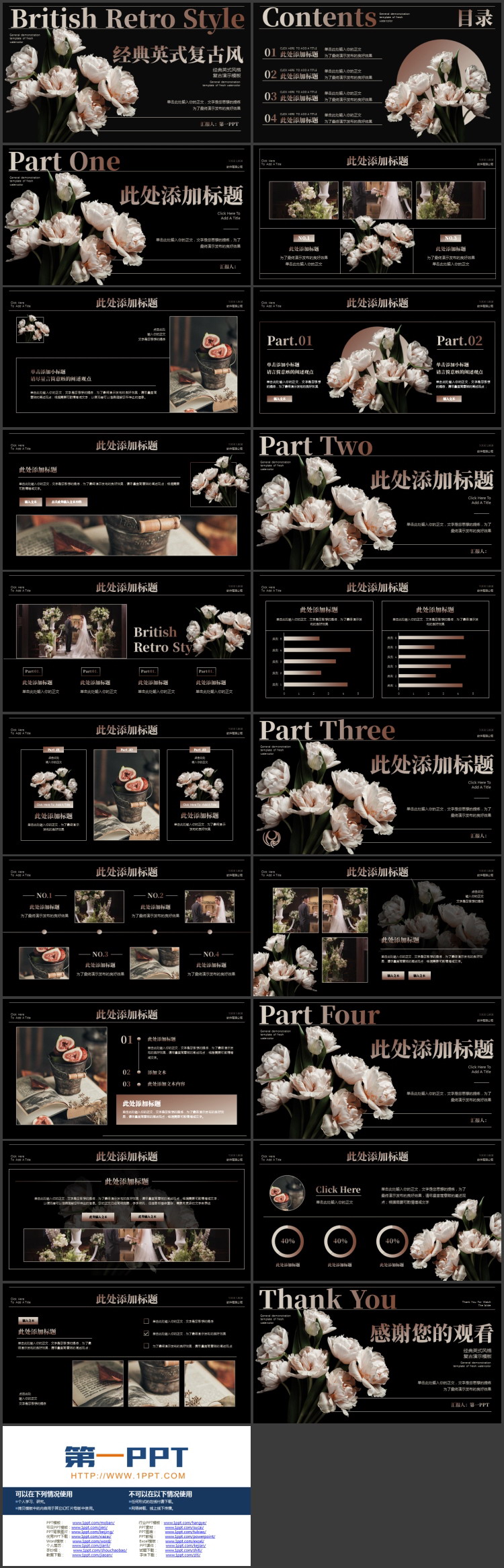 黑色鲜花背景的经典英式复古风PPT模板下载