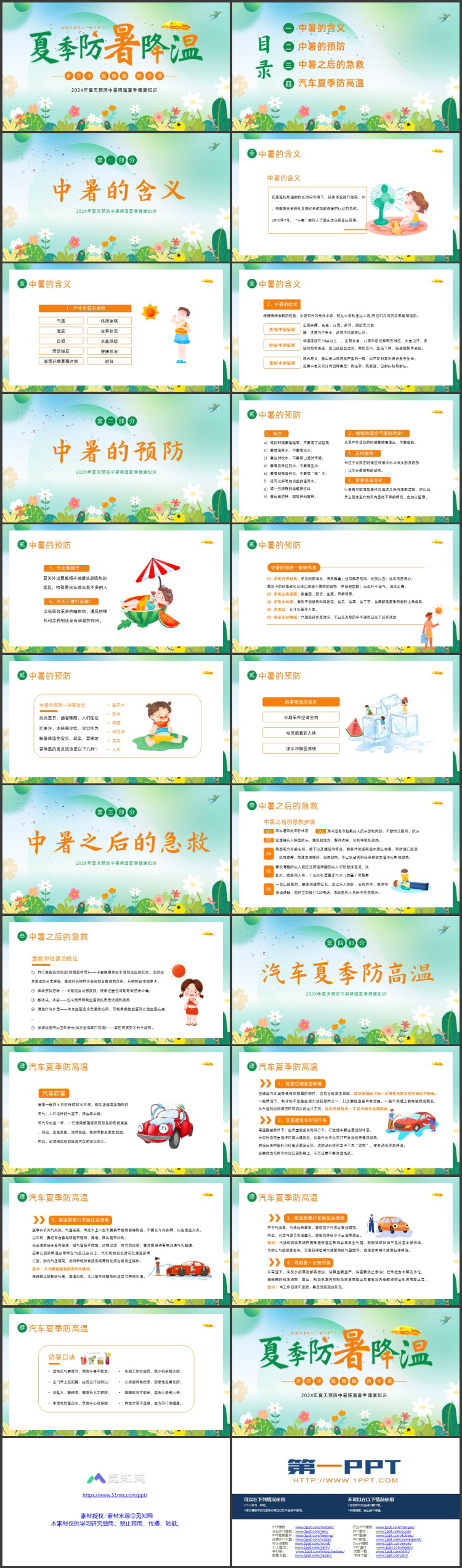 绿橙卡通花草背景的夏季防中暑降温健康知识PPT模板下载