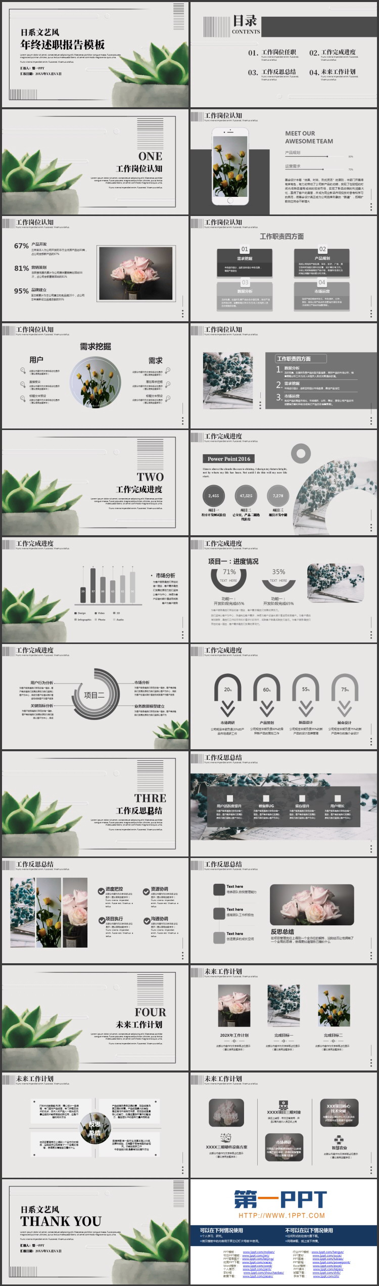 绿植盆栽背景的日系文艺风年终述职报告PPT模板下载