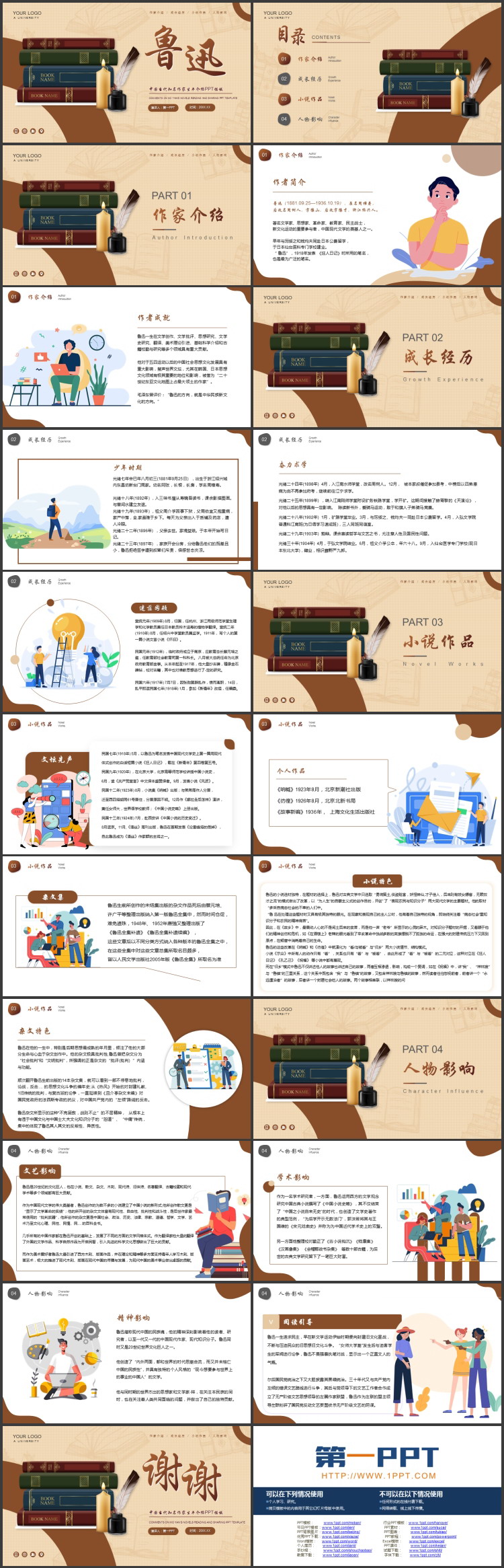 精美书籍背景的中国当代知名作家鲁迅生平介绍PPT下载