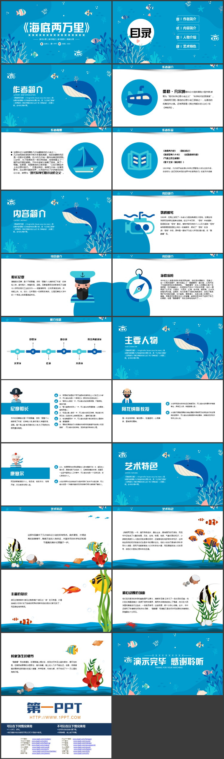 蓝色卡通风格的《海底两万里》读书分享读书笔记PPT下载