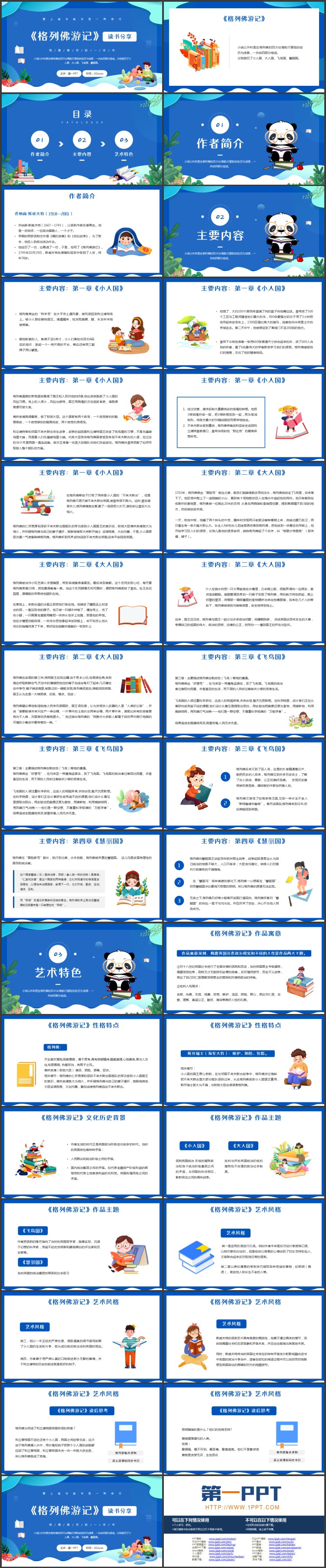 蓝色卡通风格的《格列佛游记》读书分享PPT下载