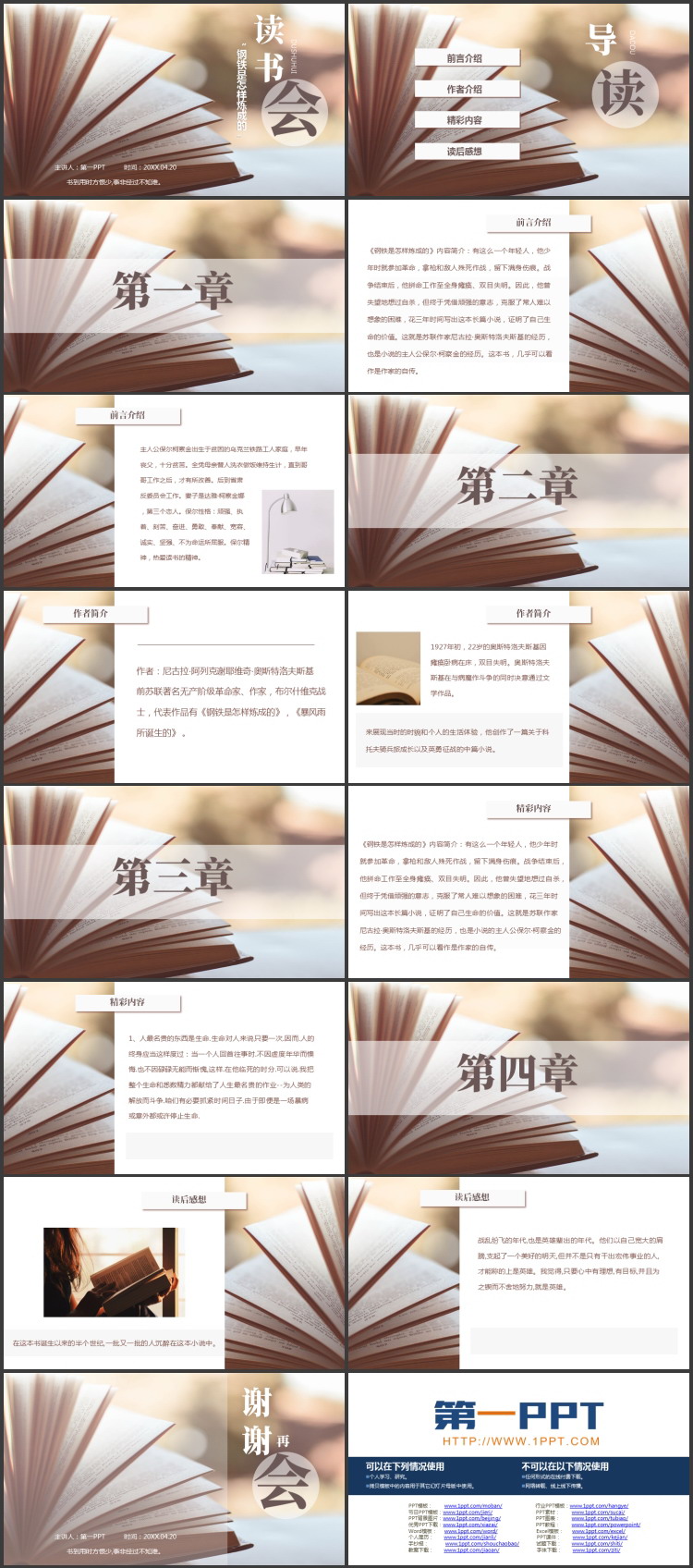 翻页的书籍背景《钢铁是怎样练成的》读书分享会PPT下载