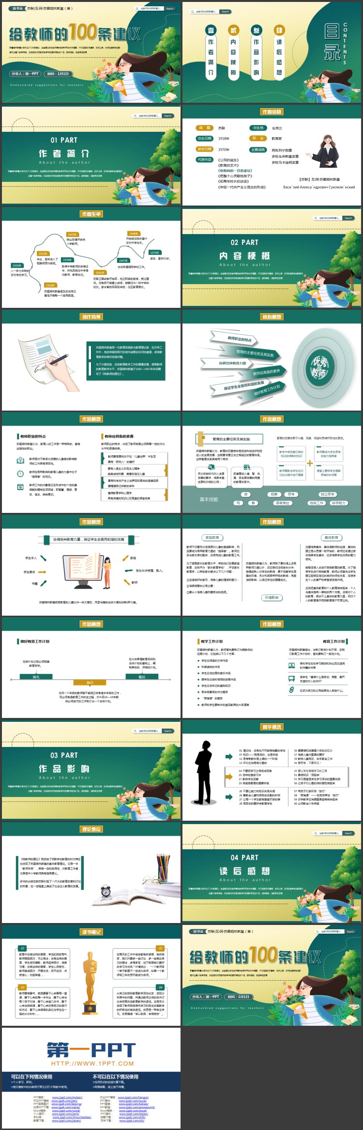 绿色卡通风格的《给教师的100条建议》读书分享PPT下载