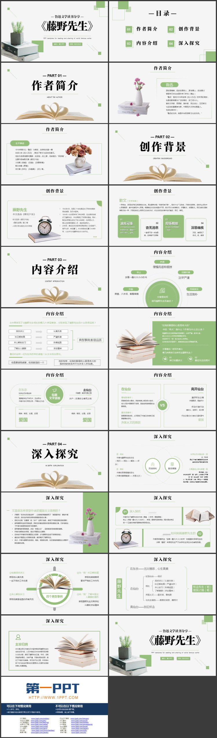 绿色书籍盆栽背景的《藤野先生》鲁迅文学读书分享PPT下载