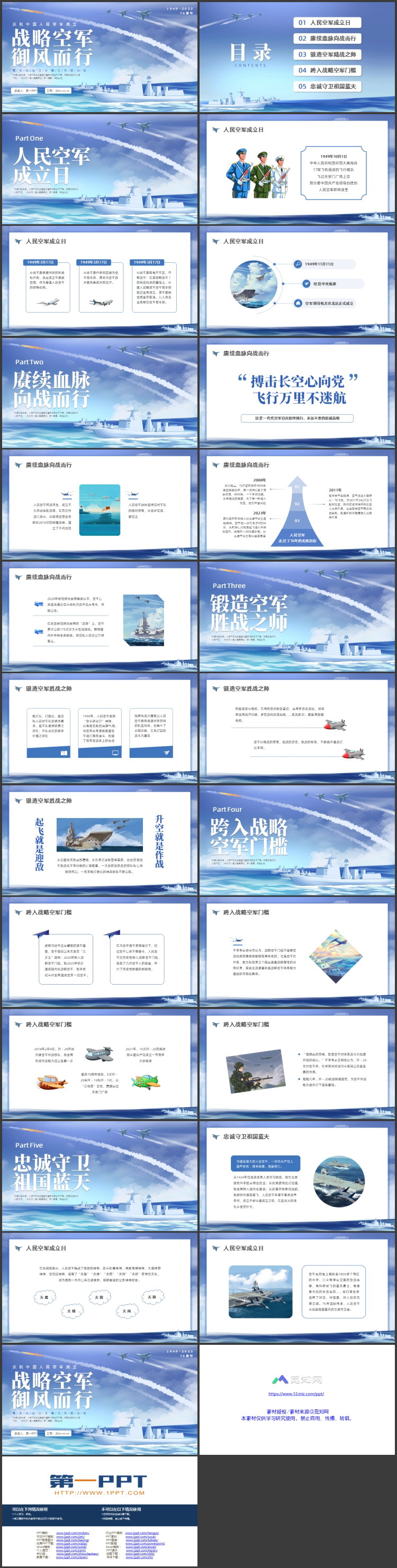 蓝色军舰飞机背景的“战略空军御风而行”庆祝中国人民空军成立PPT模板