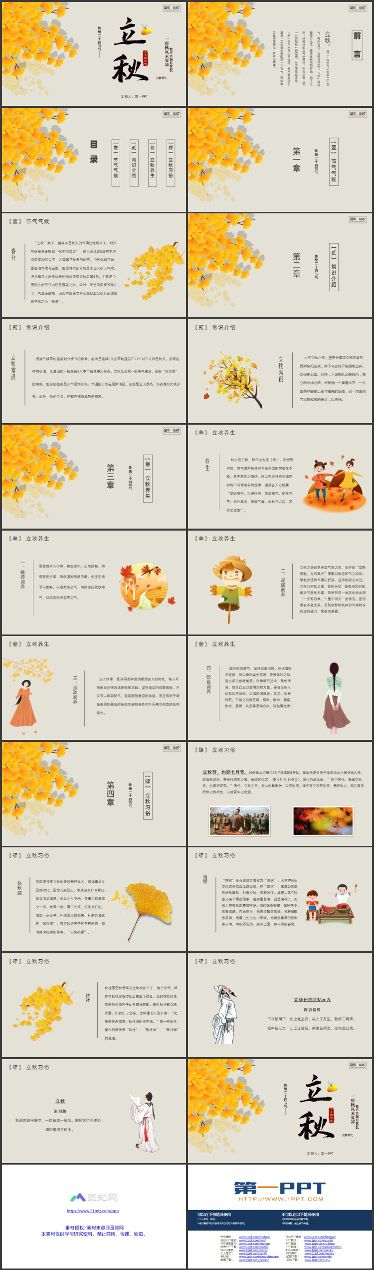 银杏叶背景的传统二十四节气立秋节气介绍PPT模板