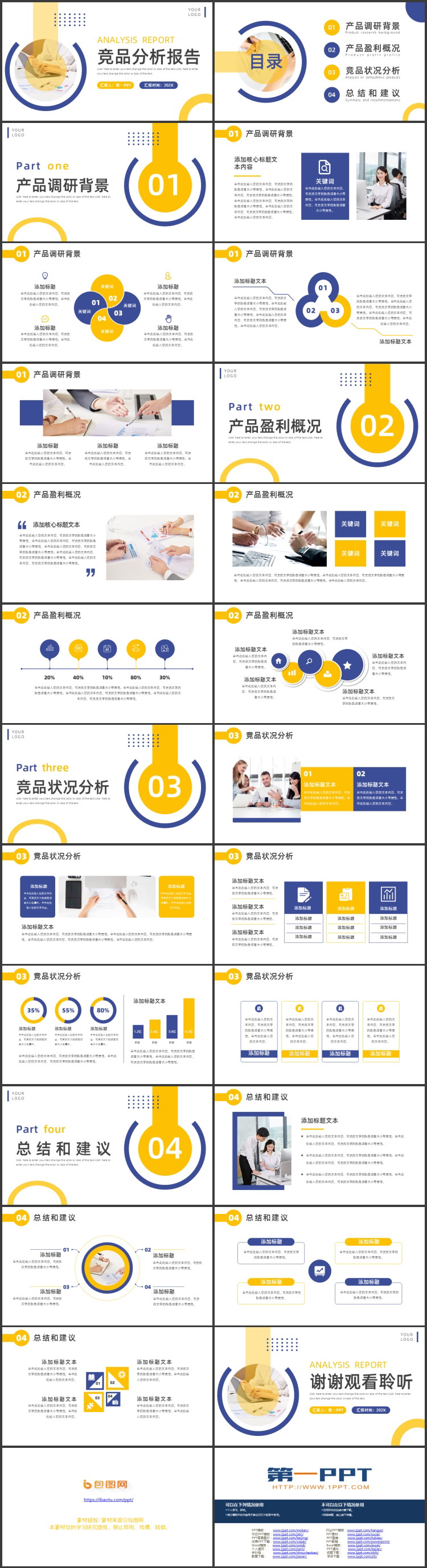 蓝黄配色商务办公背景的竞品分析报告PPT模板下载