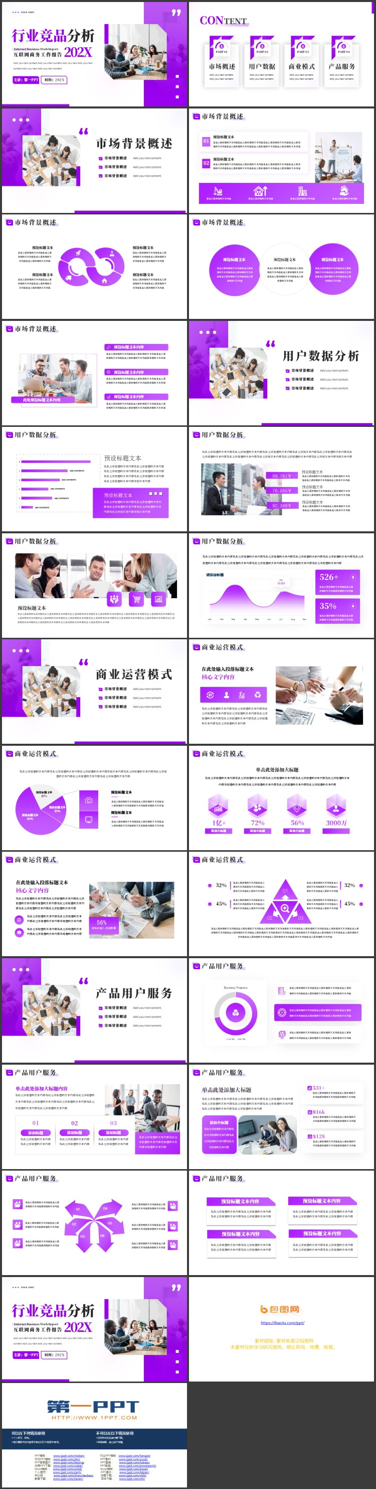 紫色商务人士办公背景的行业竞品分析PPT模板下载