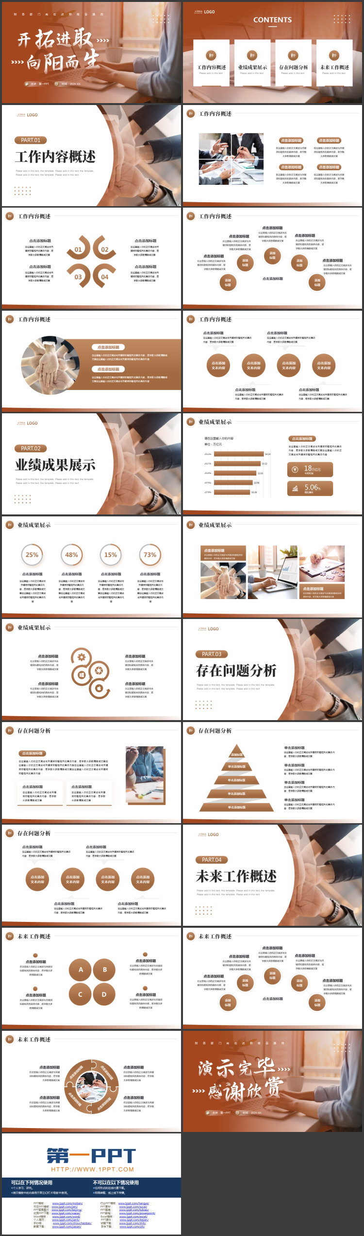 褐色商务人士办公背景的“开拓进取向阳而生”财务部岗位述职报告PPT模板下载