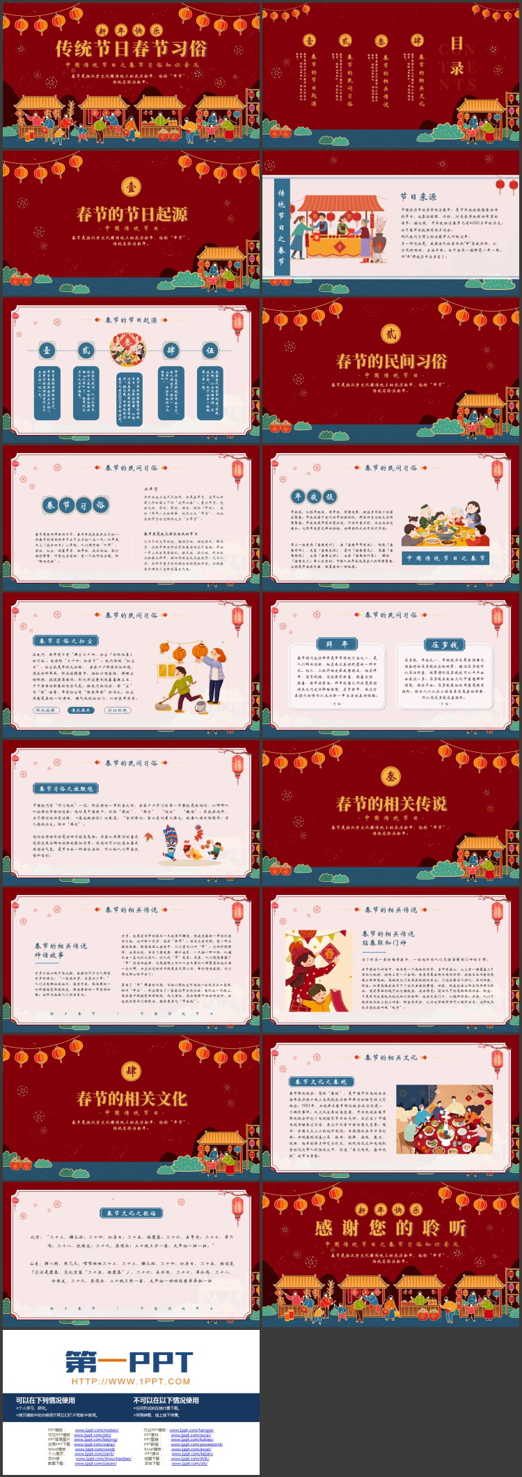 红色喜庆传统节日春节习俗知识普及PPT模板