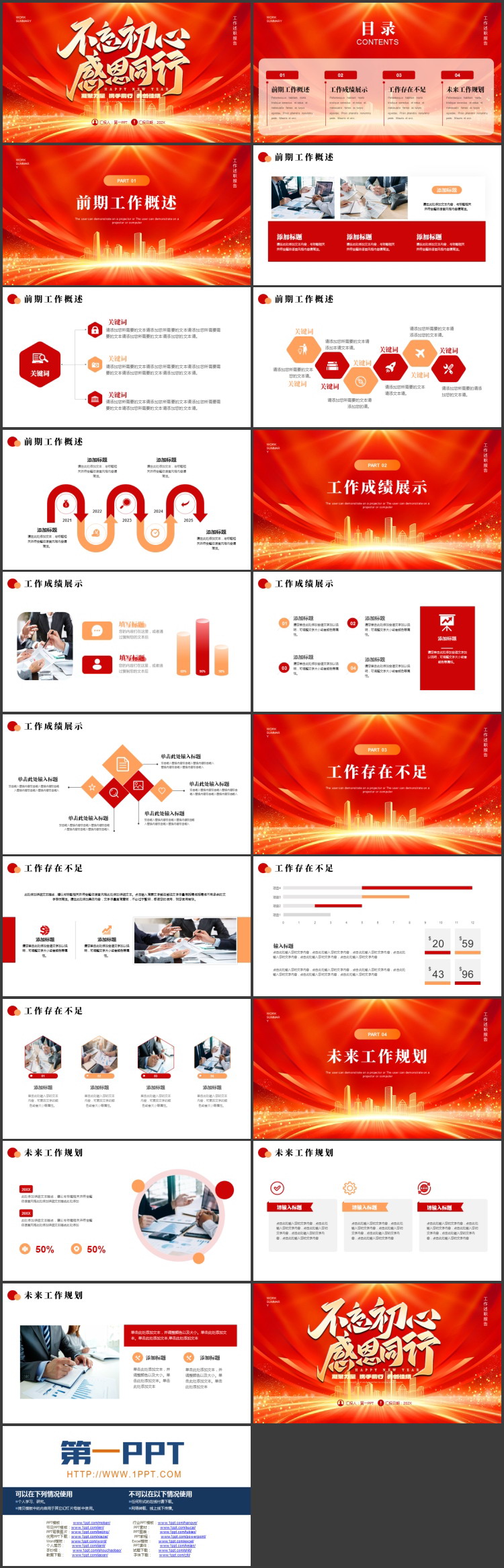 红金大气城市剪影背景的“不忘初心感恩同行”工作述职报告PPT模板下载
