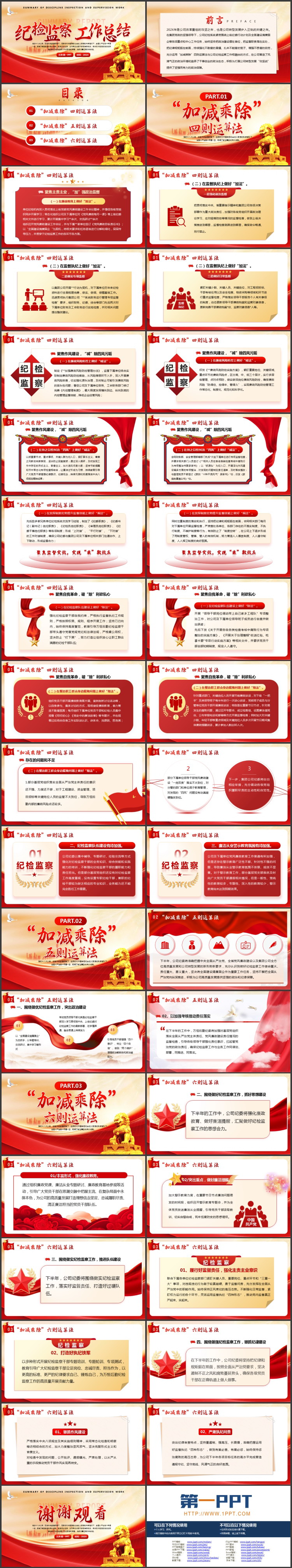 红色石狮子背景的党政风纪检监察工作总结PPT模板下载