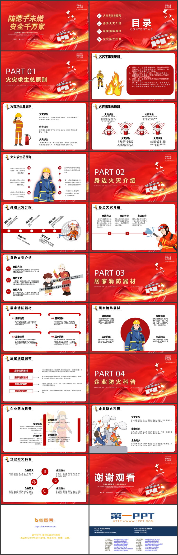 红色卡通消防车背景的“防范于未燃安全千万家”消防安全知识培训PPT模板下载