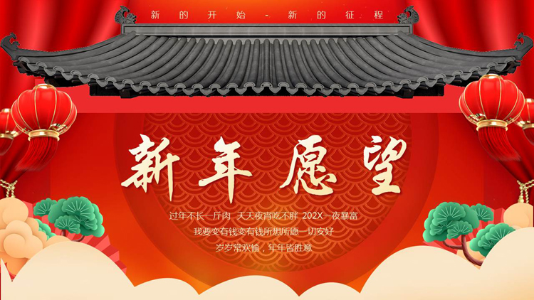 红色古典房檐灯笼背景的新年愿望PPT模板